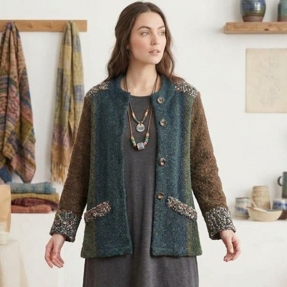 Curio Cardigan Sweater Women XL Blue Green Patchwork Textured Knit Art to Wear